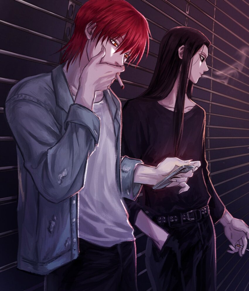 2boys, alternate_costume, black_eyes, casual, cellphone, cigarette, commentary_request, hand_in_pocket