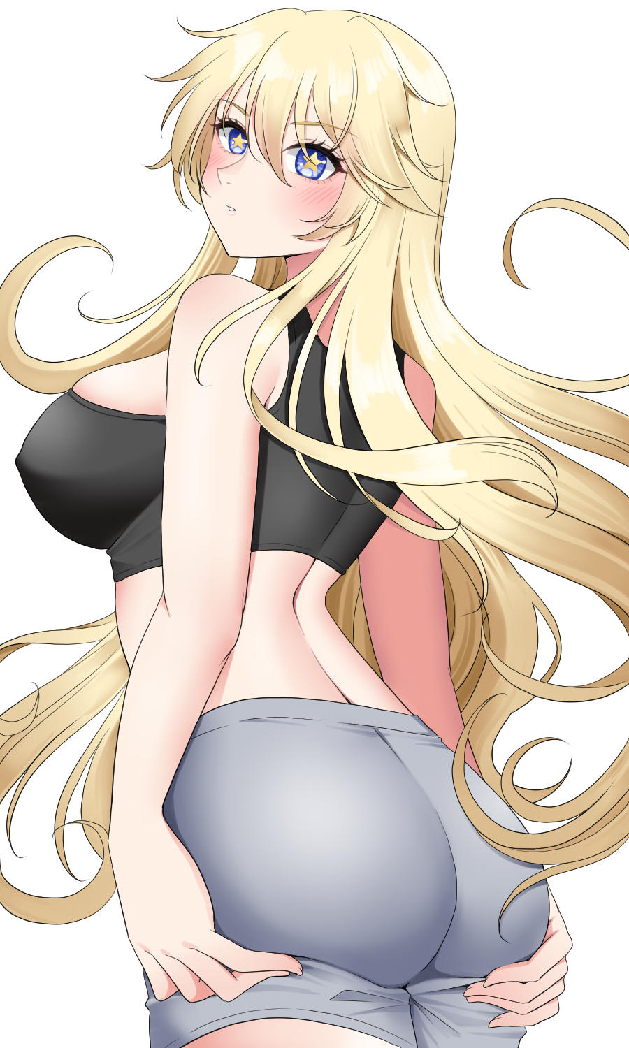 1girl, ass, bad_anatomy, black_tank_top, blonde_hair, blue_eyes, blush, breasts