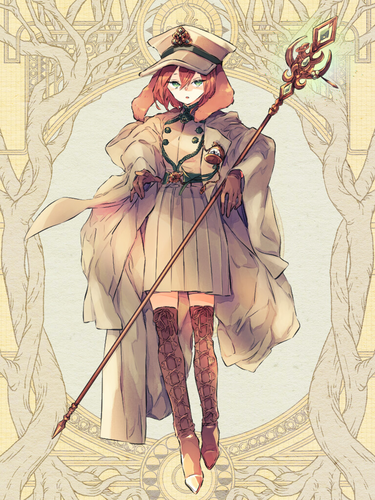 1girl, animal_ears, boots, brown_gloves, brown_hair, brown_skirt, coat, dairoku_ryouhei