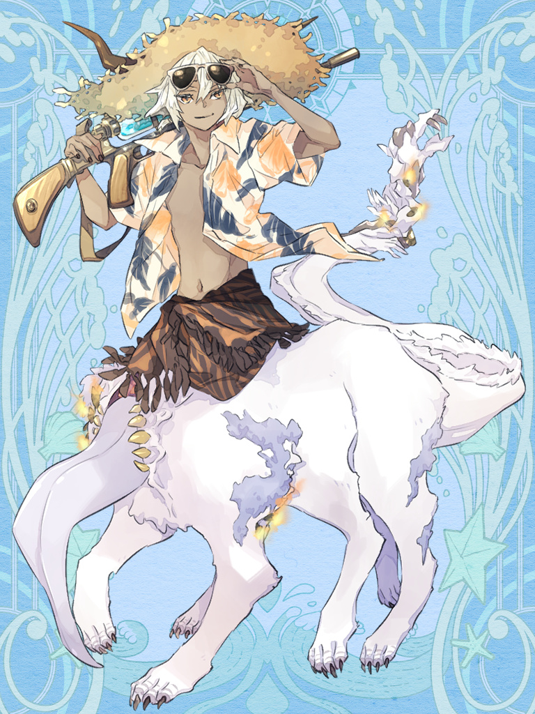 1boy, black_nails, blue_background, brown_eyes, brown_horns, dairoku_ryouhei, dark-skinned_male, dark_skin, full_body, gun, gustav_hectarion, hand_up, hat, hawaiian_shirt, holding, holding_gun, holding_weapon, horns, male_focus, monster_boy, navel, open_clothes, open_shirt, over_shoulder, seiyakarutaken, shirt, short_sleeves, solo, straw_hat, sun_hat, sunglasses, tail, taur, weapon, white_hair