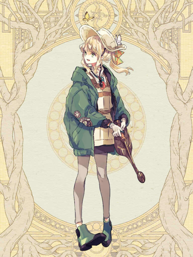 1girl, :d, blonde_hair, bug, butterfly, butterfly_on_hat, coat, dairoku_ryouhei, full_body, gloves, green_coat, green_eyes, green_shoes, grey_pants, hat, insect, jewelry, long_hair, long_sleeves, looking_to_the_side, necklace, open_mouth, pants, seiyakarutaken, shirono_ibara, shoes, sidelocks, smile, solo, standing, watering_can, white_butterfly, white_gloves, yellow_background, yellow_butterfly