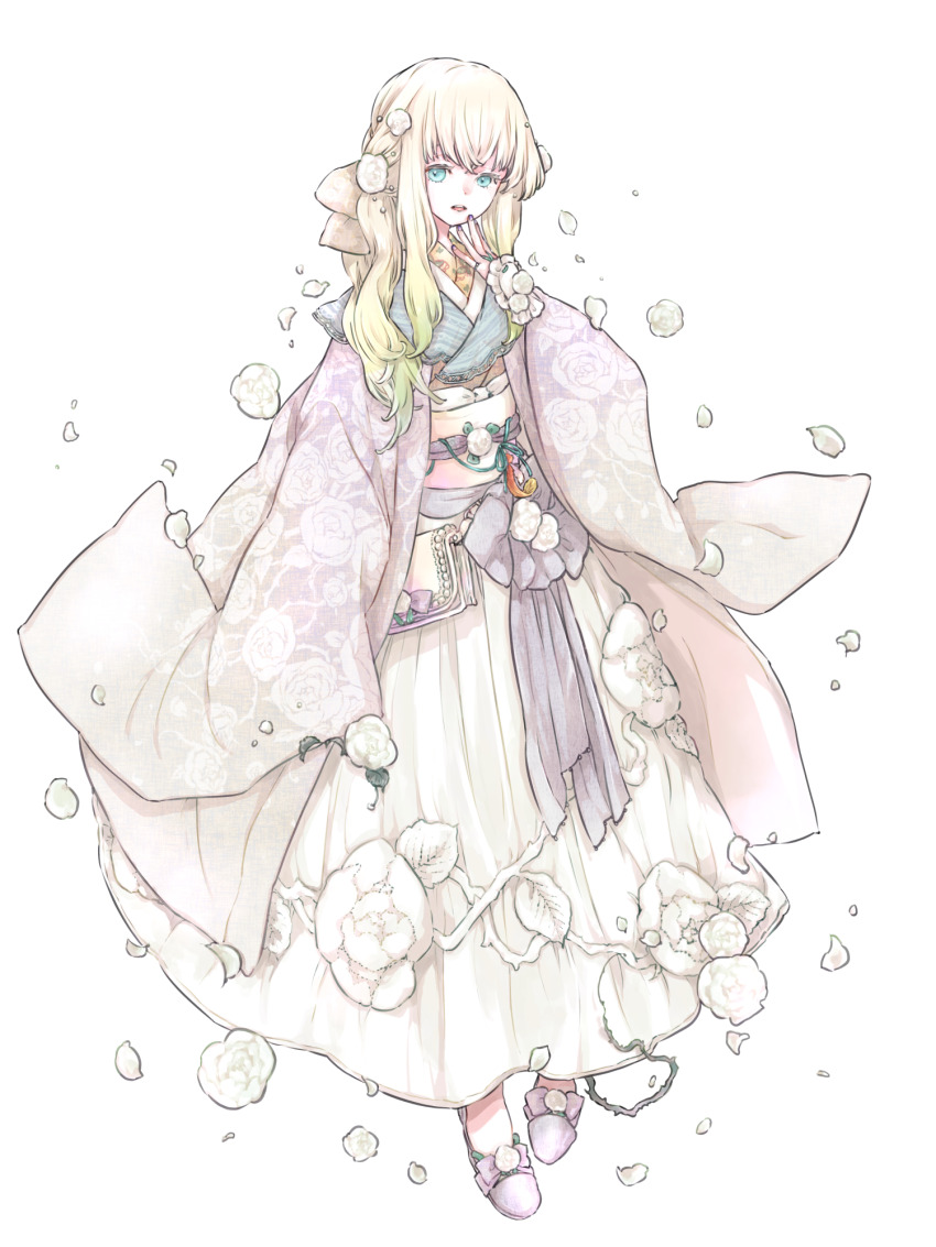 1girl, bag, blonde_hair, dairoku_ryouhei, floral_print, flower, full_body, green_eyes, hand_up, handbag, highres, japanese_clothes, kimono, long_hair, long_sleeves, looking_at_viewer, shirono_ibara, skirt, smile, solo, sugarpot_n, thorns, transparent_background, white_skirt, wide_sleeves