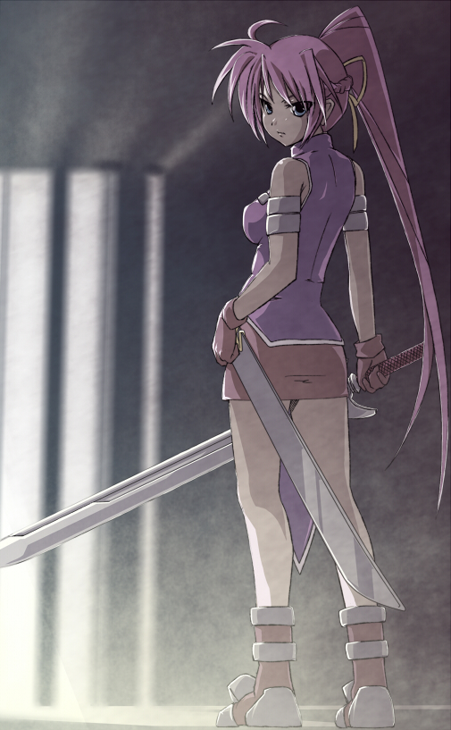 1girl, blue_eyes, female_focus, from_behind, laevatein_(nanoha), legs, long_hair, looking_back