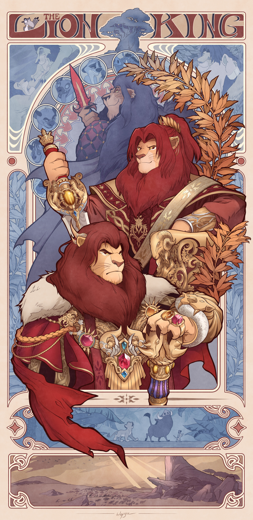 2girls, 6+boys, absurdres, aged_down, animal, art_nouveau, banzai_(the_lion_king), brothers