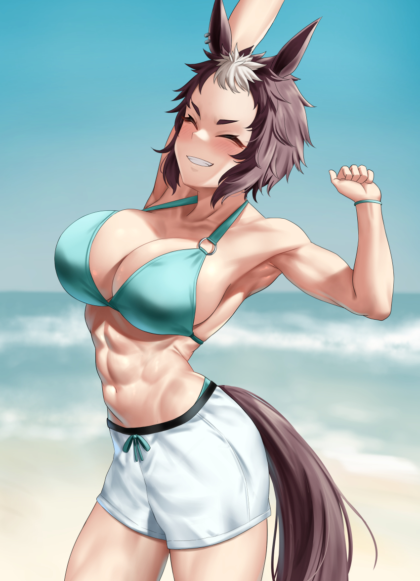 1girl, abs, absurdres, animal_ears, aqua_bikini, armpits, arms_up, bare_shoulders