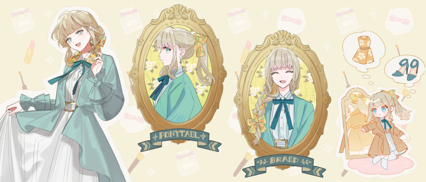 1girl, alternate_hairstyle, blue_eyes, blunt_bangs, bow, braid, brown_coat, brown_hair