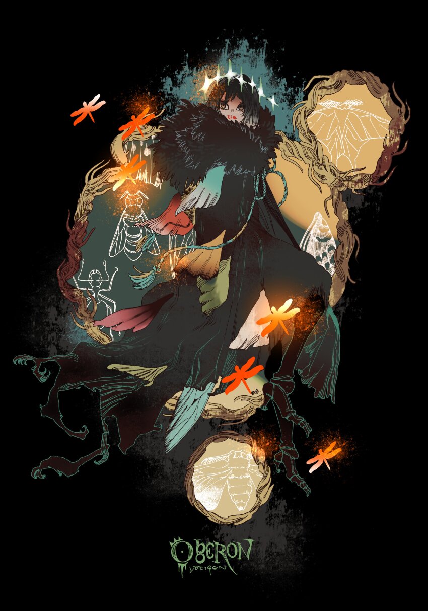 1boy, absurdres, arthropod_boy, arthropod_limbs, black_background, brown_eyes, bug, butterfly