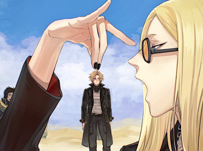 3boys, ahoge, black_hair, black_jacket, black_nails, black_pants, blonde_hair, blue_eyes