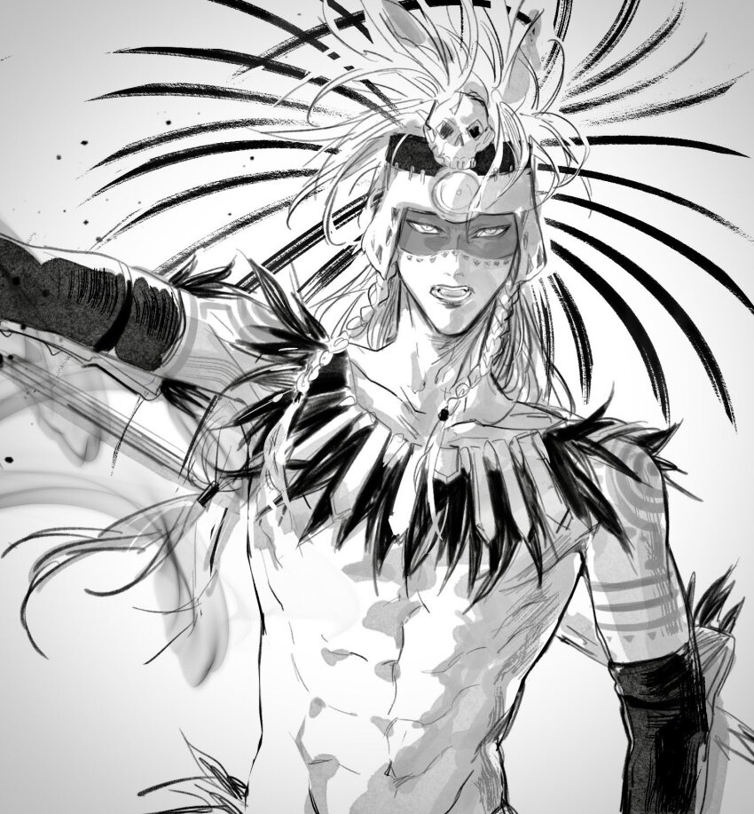 1boy, arm_tattoo, aztec, black_gloves, blonde_hair, braid, elbow_gloves, facepaint