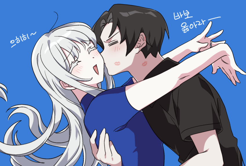1boy, 1girl, angelica_(project_moon), bbunny, black_hair, black_shirt, blue_shirt, blush