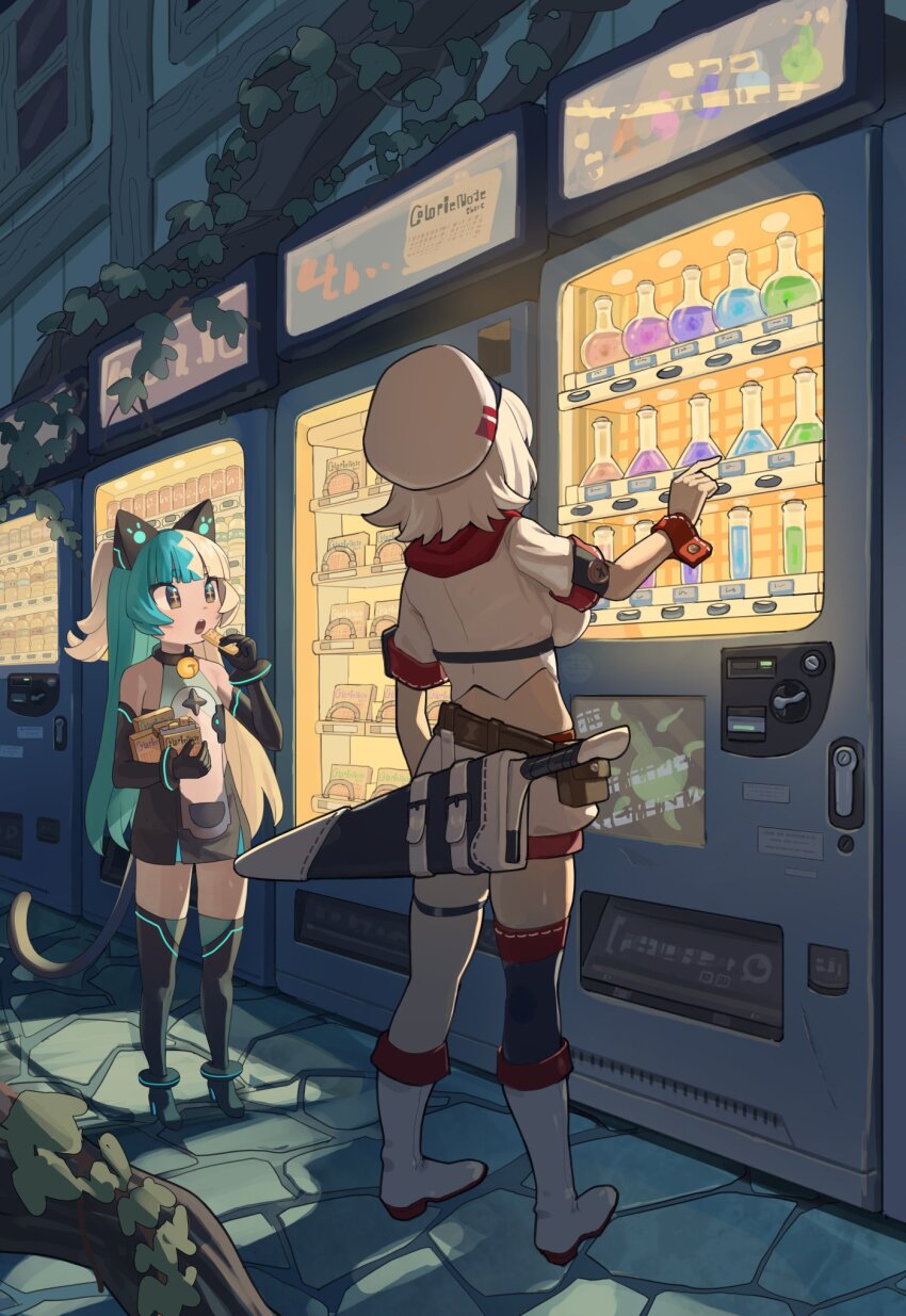 +_+, 2girls, animal_ears, bell, blue_hair, boots, building, cat_ears