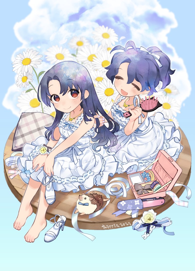 2girls, ^_^, antenna_hair, barefoot, bettermenty, blue_hair, blush, breasts