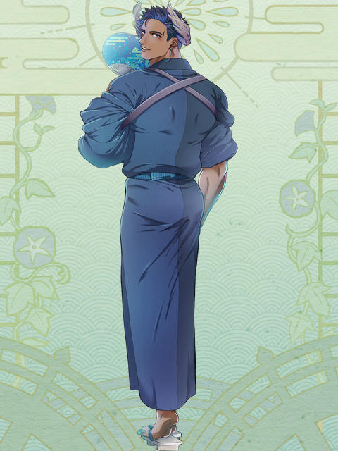1boy, ass, black_hair, dairoku_ryouhei, dark-skinned_male, dark_skin, earrings, full_body, geta, green_background, grey_kimono, hand_fan, horns, japanese_clothes, jewelry, kimono, looking_back, male_focus, short_hair, standing, taketeru_(falcon), tasuki