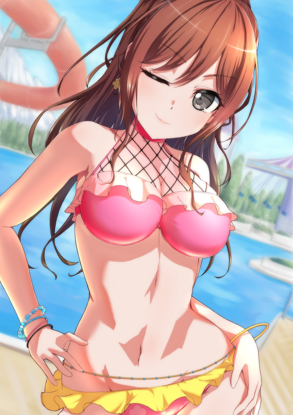 1girl, ;), amusement_park, bang_dream!, bang_dream!_girls_band_party!, bare_arms, bare_shoulders, bead_bracelet