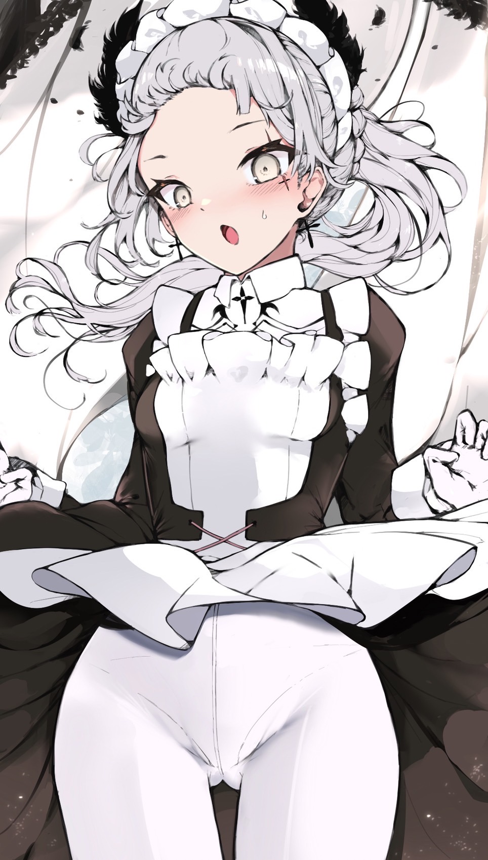 1girl, ambience_synesthesia, arknights, black_dress, blush, braid, commentary_request, dress, floating_hair, forehead, gluteal_fold, grey_eyes, grey_hair, highres, irene_(arknights), irene_(voyage_of_feathers)_(arknights), juliet_sleeves, kyuu_(plastic_night_q), long_hair, long_sleeves, looking_at_viewer, maid, maid_headdress, open_mouth, pantyhose, ponytail, puffy_sleeves, solo, sweat, very_long_hair, white_pantyhose