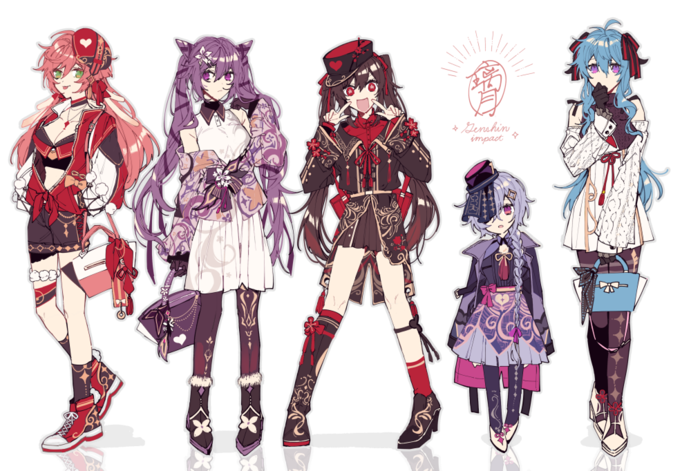 5girls, ahoge, akina422, black_gloves, blue_hair, boots, braid, braided_ponytail