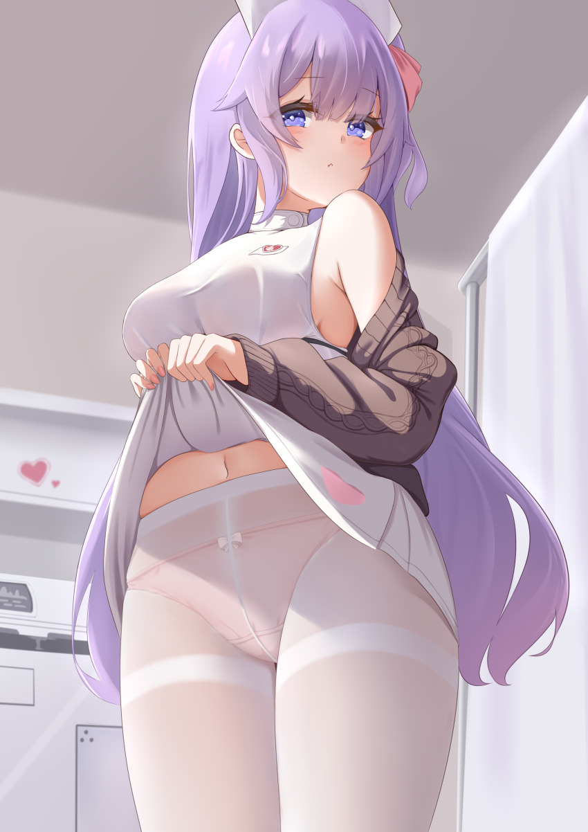 1girl, :t, absurdres, azur_lane, bare_shoulders, blue_eyes, blunt_bangs, blush, bow, bow_panties, brown_cardigan, cardigan, closed_mouth, clothes_lift, cowboy_shot, crotch_seam, dress, from_below, hair_between_eyes, hat, highres, indoors, long_hair, looking_at_viewer, navel, nurse, nurse_cap, off_shoulder, official_alternate_costume, panties, panties_under_pantyhose, pantyhose, pink_nails, pink_panties, pout, purple_hair, qian_hen, short_dress, sidelocks, sleeveless, sleeveless_dress, solo, underwear, unicorn_(angelic_nurse)_(azur_lane), unicorn_(azur_lane), white_dress, white_pantyhose