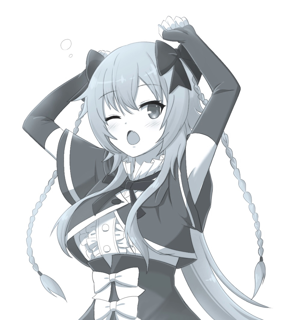 1girl, arms_up, assault_lily, blush, bow, braid, breasts, buttons