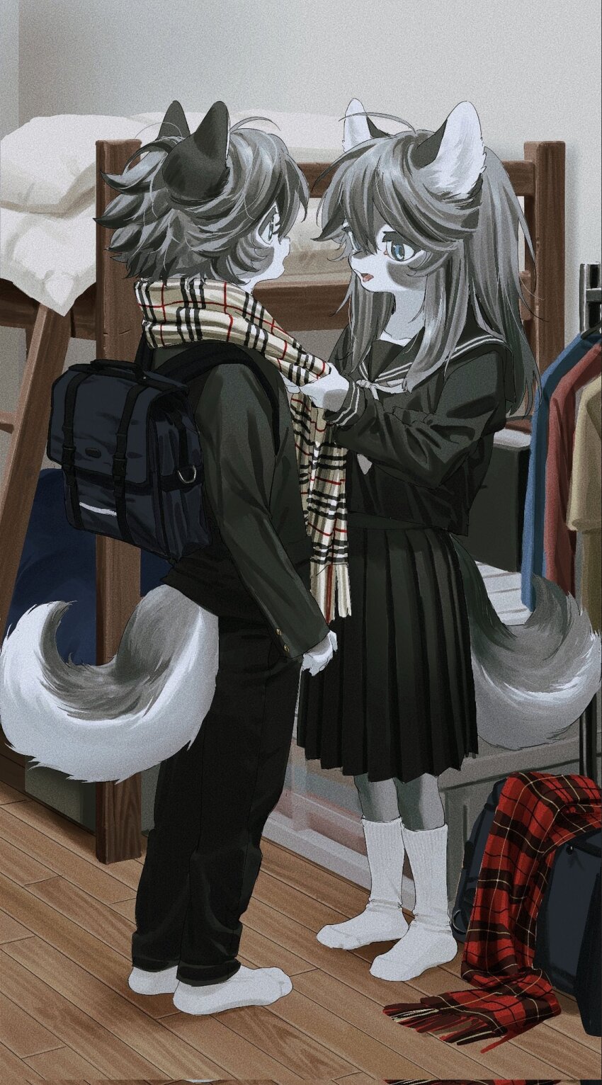 1boy, 1girl, ahoge, animal_ears, backpack, bag, bed, black_sailor_collar