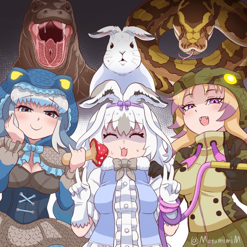 3girls, african_rock_python_(kemono_friends), animal, animal_ears, animal_hood, blue_eyes, blue_lips, blush