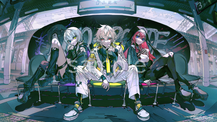 1boy, 2girls, black_dress, black_footwear, black_pantyhose, black_shirt, black_socks, blue_eyes