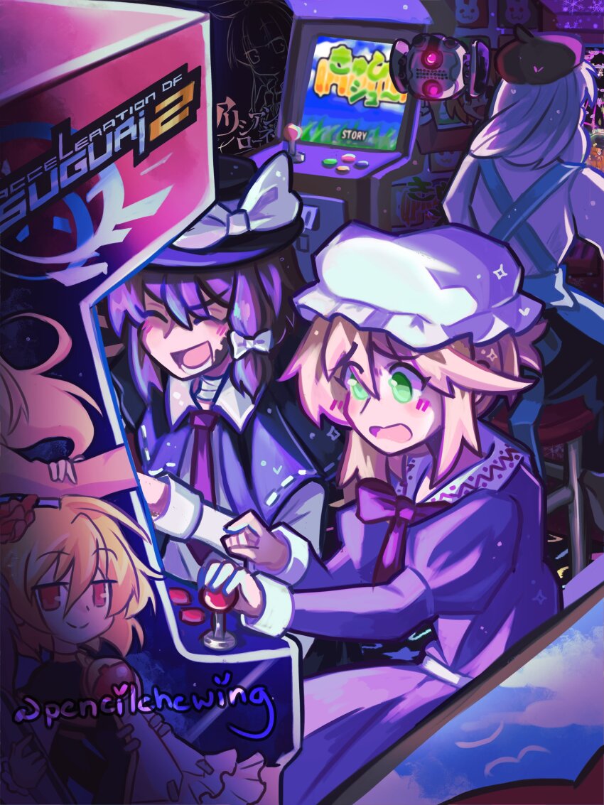 100%_orange_juice, absurdres, alicianrone, alicianrone_(orange_juice), arcade_cabinet, blonde_hair, blush, brown_hair