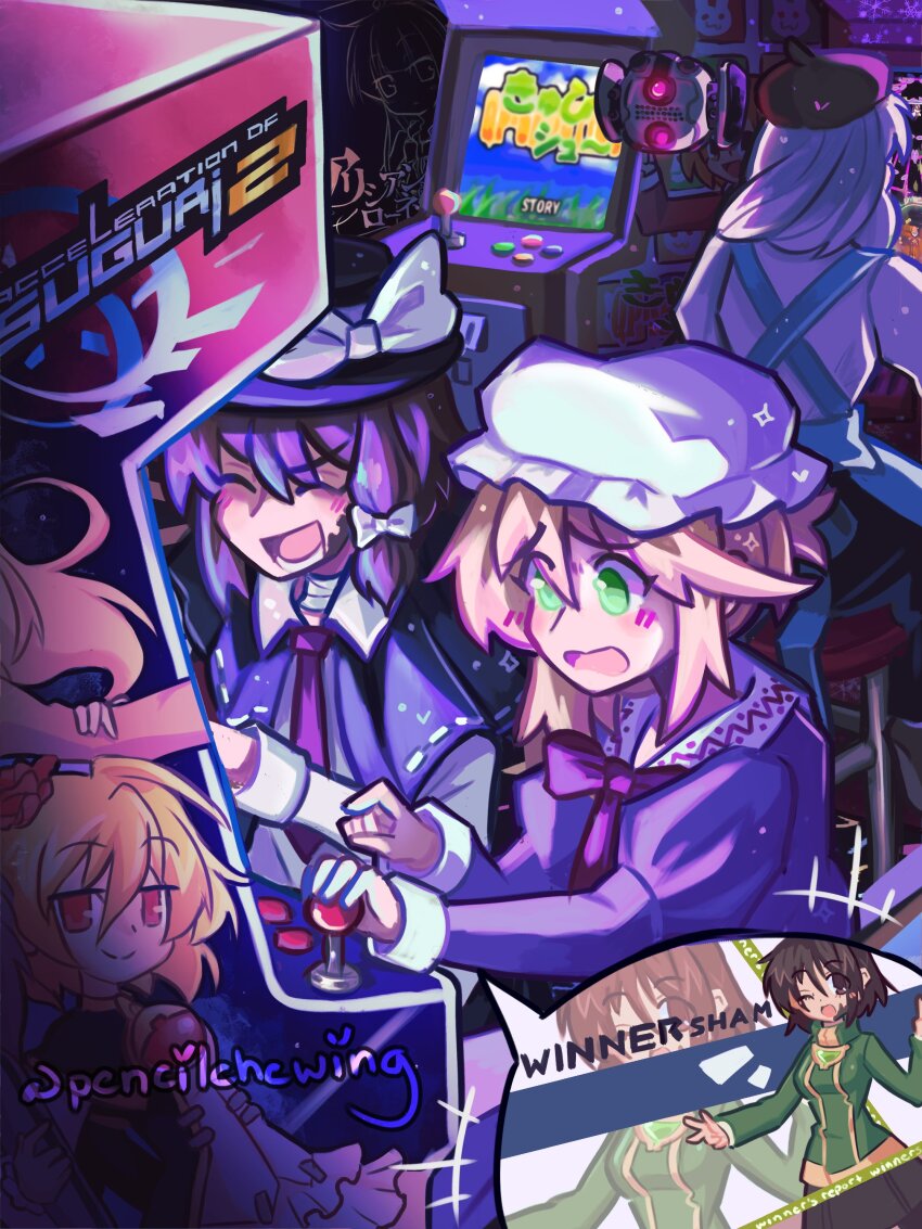 100%_orange_juice, absurdres, alicianrone, alicianrone_(orange_juice), arcade_cabinet, blonde_hair, blush, brown_hair