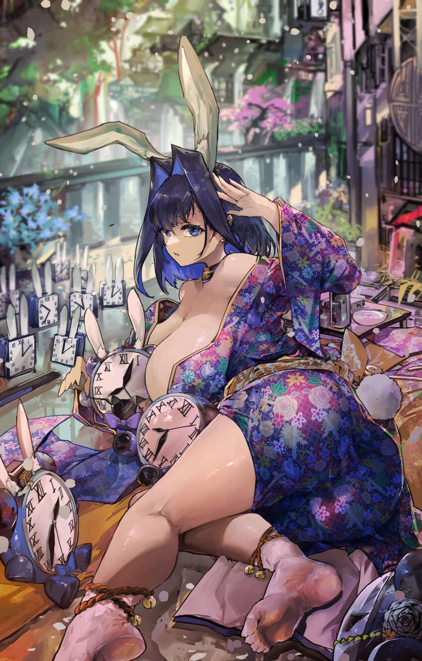 1girl, absurdres, alternate_costume, animal_ears, ass, barefoot, bell, between_breasts, black_choker, black_hair, blue_hair, blue_kimono, breast_smother, breasts, choker, colored_inner_hair, curvy, face_to_breasts, fake_tail, feet, floral_print, from_behind, hair_intakes, highres, hololive, hololive_english, huge_breasts, japanese_clothes, kemonomimi_mode, kimono, kronie_(ouro_kronii), looking_at_viewer, lying, multicolored_hair, neck_bell, no_shoes, on_side, on_stomach, open_clothes, open_kimono, ouro_kronii, parted_lips, pink_kimono, rabbit_ears, rabbit_girl, rabbit_tail, rope, rope_anklet, short_hair, short_kimono, socks, soles, solo, tail, toes, twisted_torso, virtual_youtuber, vyragami, white_socks, yukata