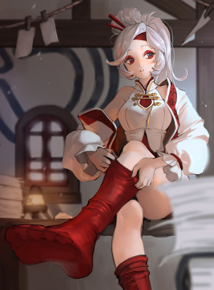 1girl, adjusting_clothes, adjusting_legwear, book, commentary, crossed_legs, dressing, eyeshadow
