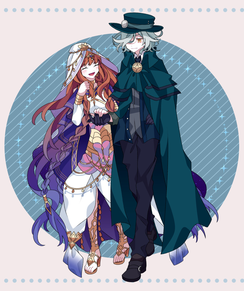 absurdres, armlet, black_footwear, black_gloves, blush, braid, closed_eyes, closed_mouth, commission, couple, dress, edmond_dantes_(fate), fate/grand_order, fate_(series), gloves, grey_hair, hair_ornament, haydee_(fate), highres, holding_hands, jewelry, kujiramaru, multicolored_hair, orange_hair, purple_hair, shoes, skeb_commission, smile, toeless_footwear, twin_braids, walking