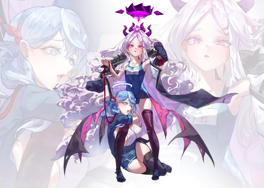 2girls, absurdres, ahoge, ako_(blue_archive), armband, black_footwear, black_thighhighs, blue_archive