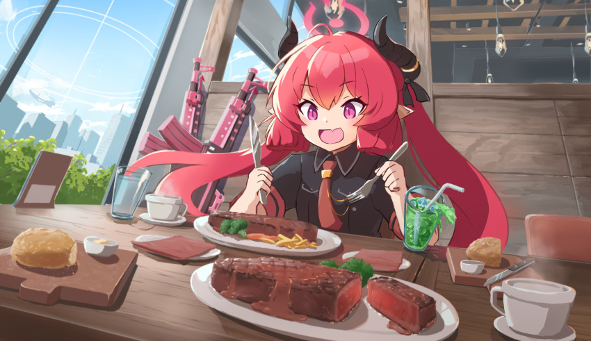 1girl, ahoge, assault_rifle, black_horns, black_shirt, blue_archive, bread, broccoli