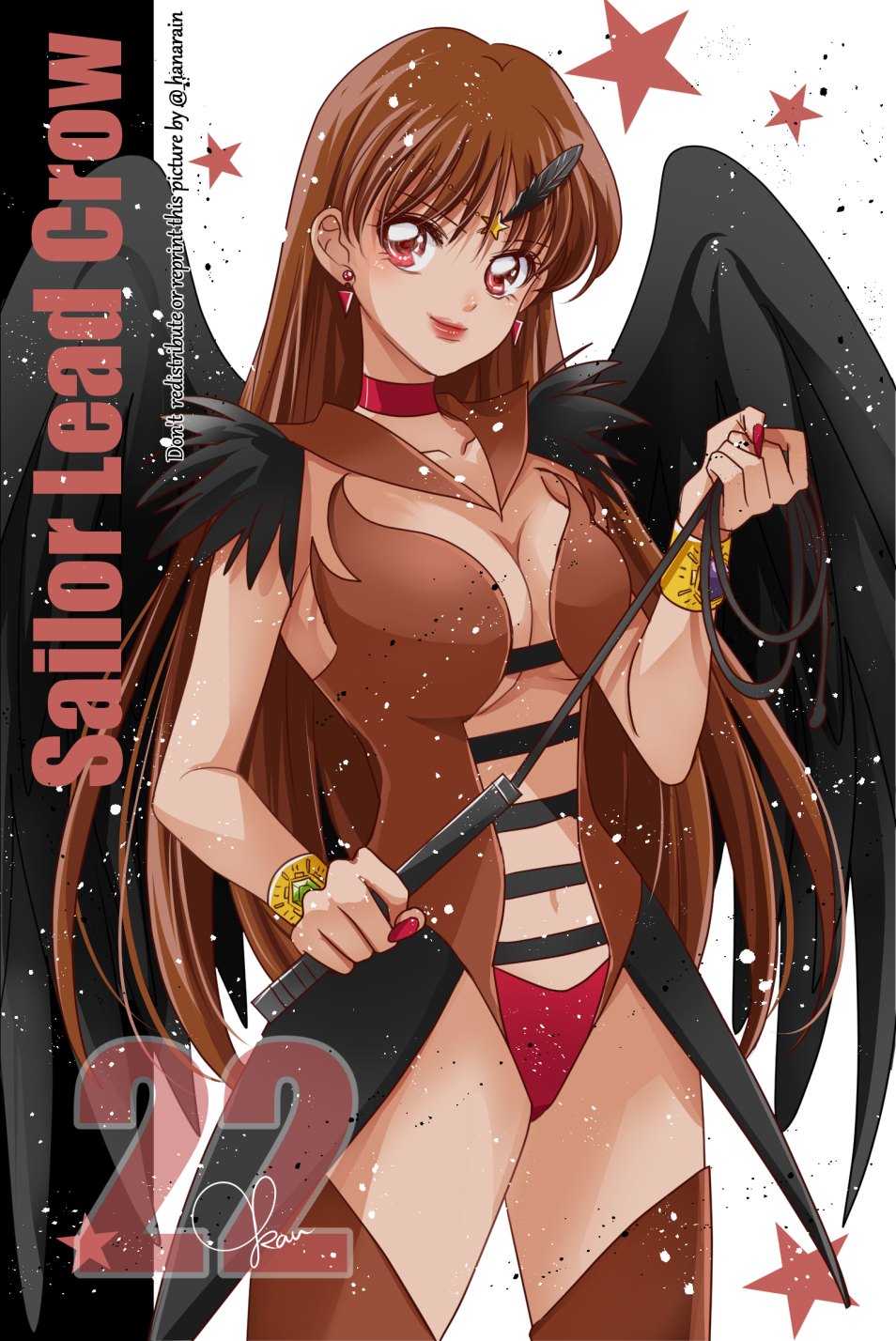 1girl, bishoujo_senshi_sailor_moon, bishoujo_senshi_sailor_moon_stars, black_wings, bracer, breasts, brown_hair, brown_leotard