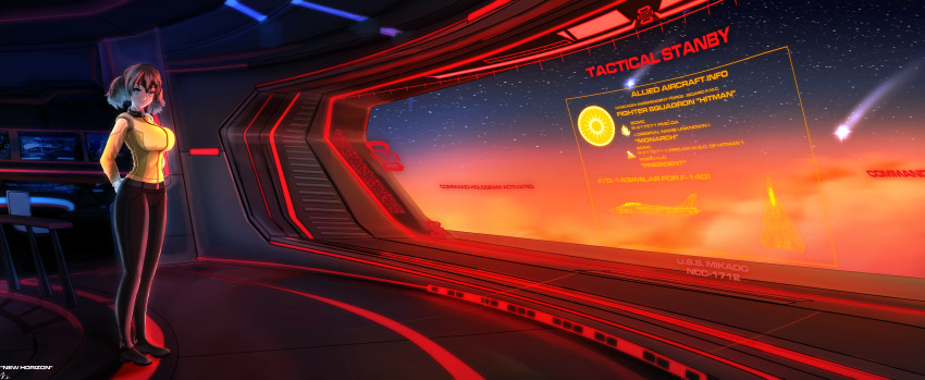 1girl, absurdres, blue_eyes, breasts, brown_hair, english_text, highres, holographic_interface, honmachi, large_breasts, meteor, project_wingman, science_fiction, shirt, short_twintails, spacecraft, spacecraft_interior, star_trek, star_trek:_discovery, star_trek:_strange_new_worlds, twintails, uniform, yellow_shirt