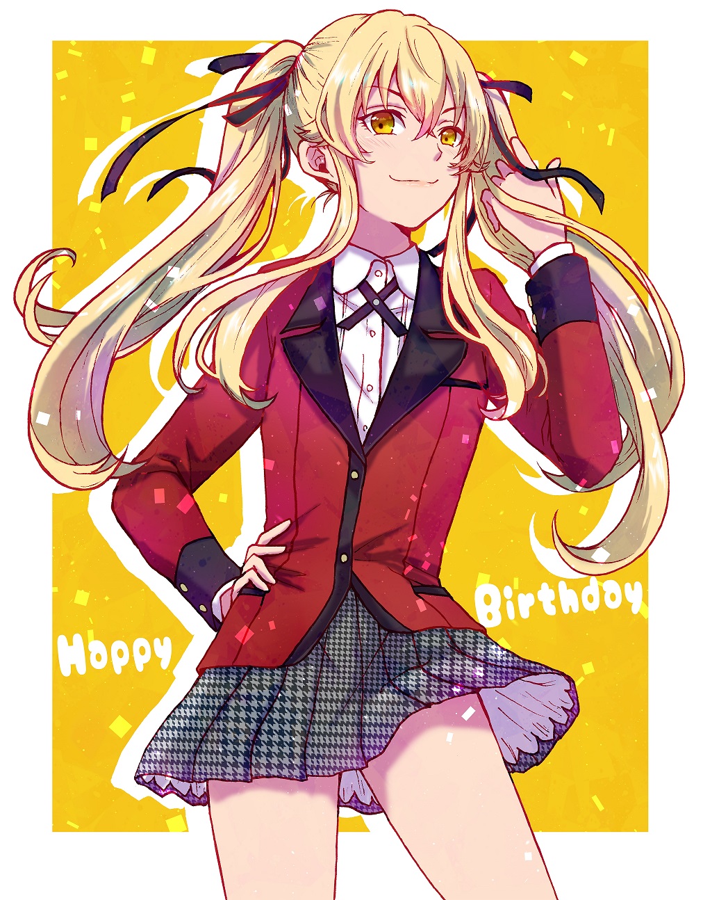 1girl, blonde_hair, collared_shirt, confetti, hand_in_own_hair, hand_on_own_hip, happy_birthday, highres, hyakkaou_academy_school_uniform, jacket, kakegurui, long_hair, red_jacket, ribbon, saotome_mary, sasaya, school_uniform, shirt, skirt, smile, solo, tail, twintails, white_shirt, yellow_eyes