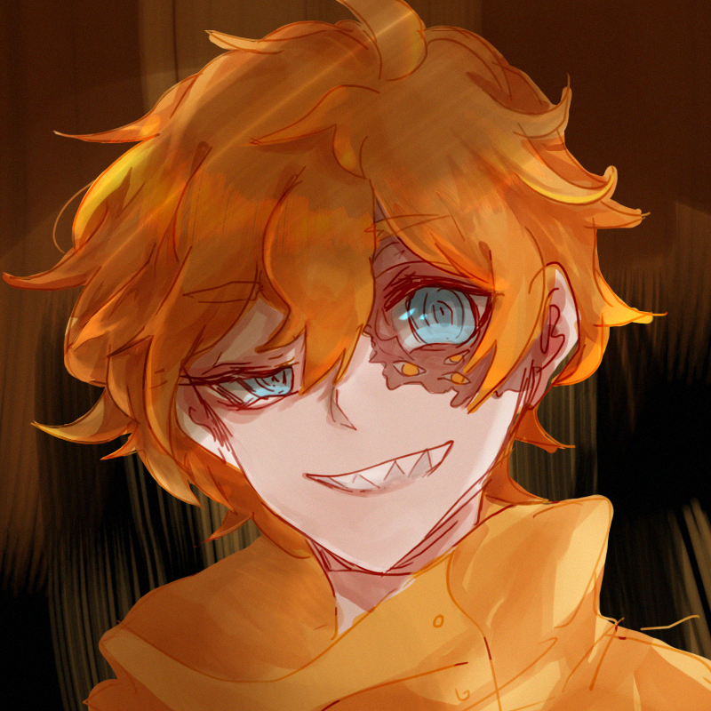 1boy, bennett_(hello_charlotte), black_background, blue_eyes, brown_background, emily_chang_18294, extra_eyes, hello_charlotte, jacket, male_focus, multicolored_hair, open_mouth, orange_eyes, orange_hair, orange_jacket, profile, red_background, sharp_teeth, short_hair, smile, solo, teeth