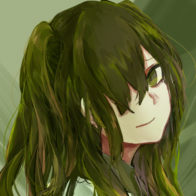 1girl, closed_mouth, emily_chang_18294, green_background, green_eyes, green_hair, green_shirt, hair_over_one_eye