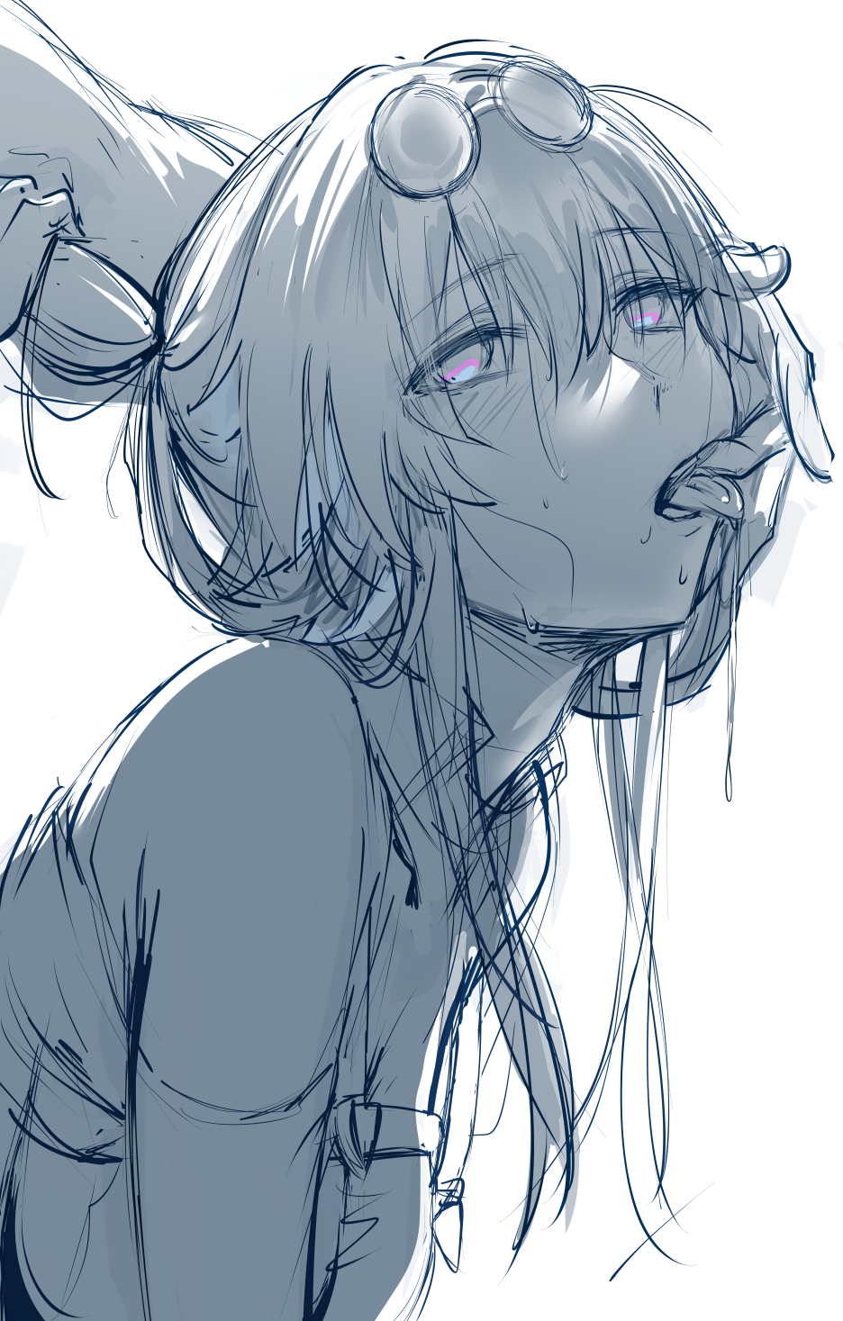 1boy, 1girl, bare_shoulders, blush, breasts, commentary, english_commentary, eyewear_on_head, finger_to_another's_mouth, hews, highres, honkai:_star_rail, honkai_(series), kafka_(honkai:_star_rail), large_breasts, long_hair, round_eyewear, shirt, sketch, sunglasses, sweat, tongue, tongue_out, unfinished, white_background