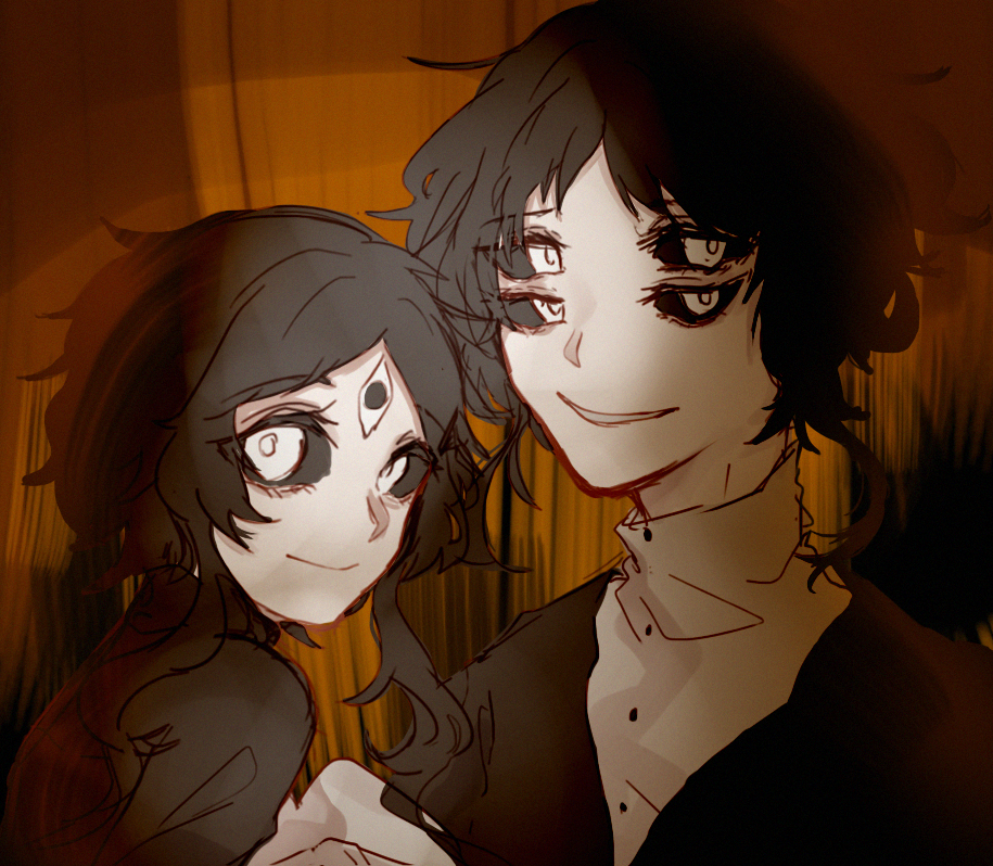 1boy, 1girl, black_background, black_eyes, black_hair, black_jacket, black_sclera, brown_background
