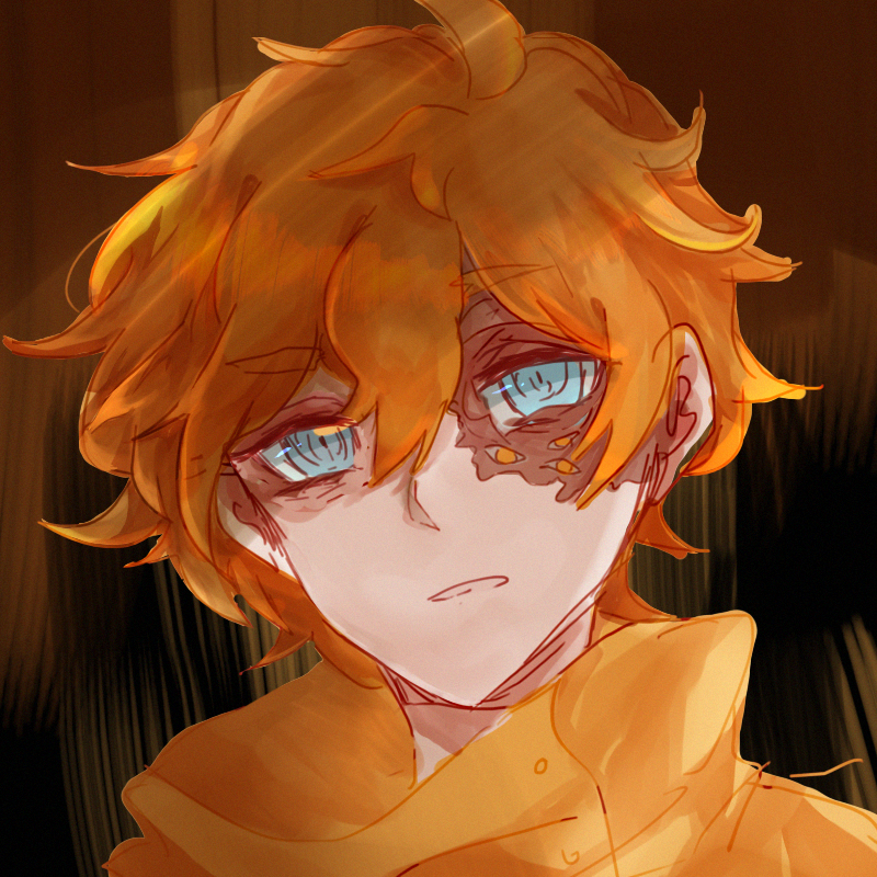 1boy, bennett_(hello_charlotte), black_background, blue_eyes, brown_background, emily_chang_18294, extra_eyes, hello_charlotte