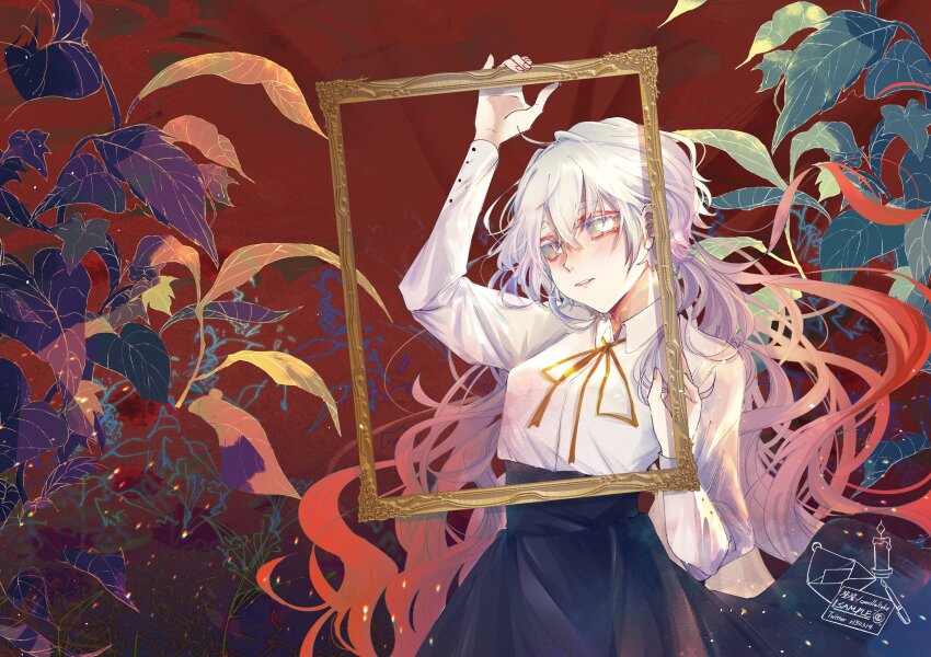 1girl, blouse, blue_skirt, charlotte_wiltshire, collared_shirt, emily_chang_18294, empty_picture_frame, hello_charlotte