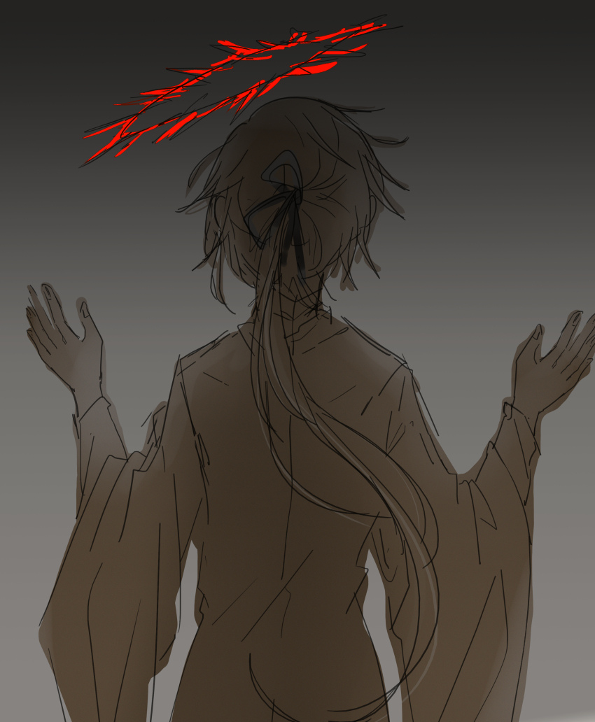 1boy, absurdres, black_background, black_ribbon, emily_chang_18294, facing_to_the_side, gradient_background, grey_background