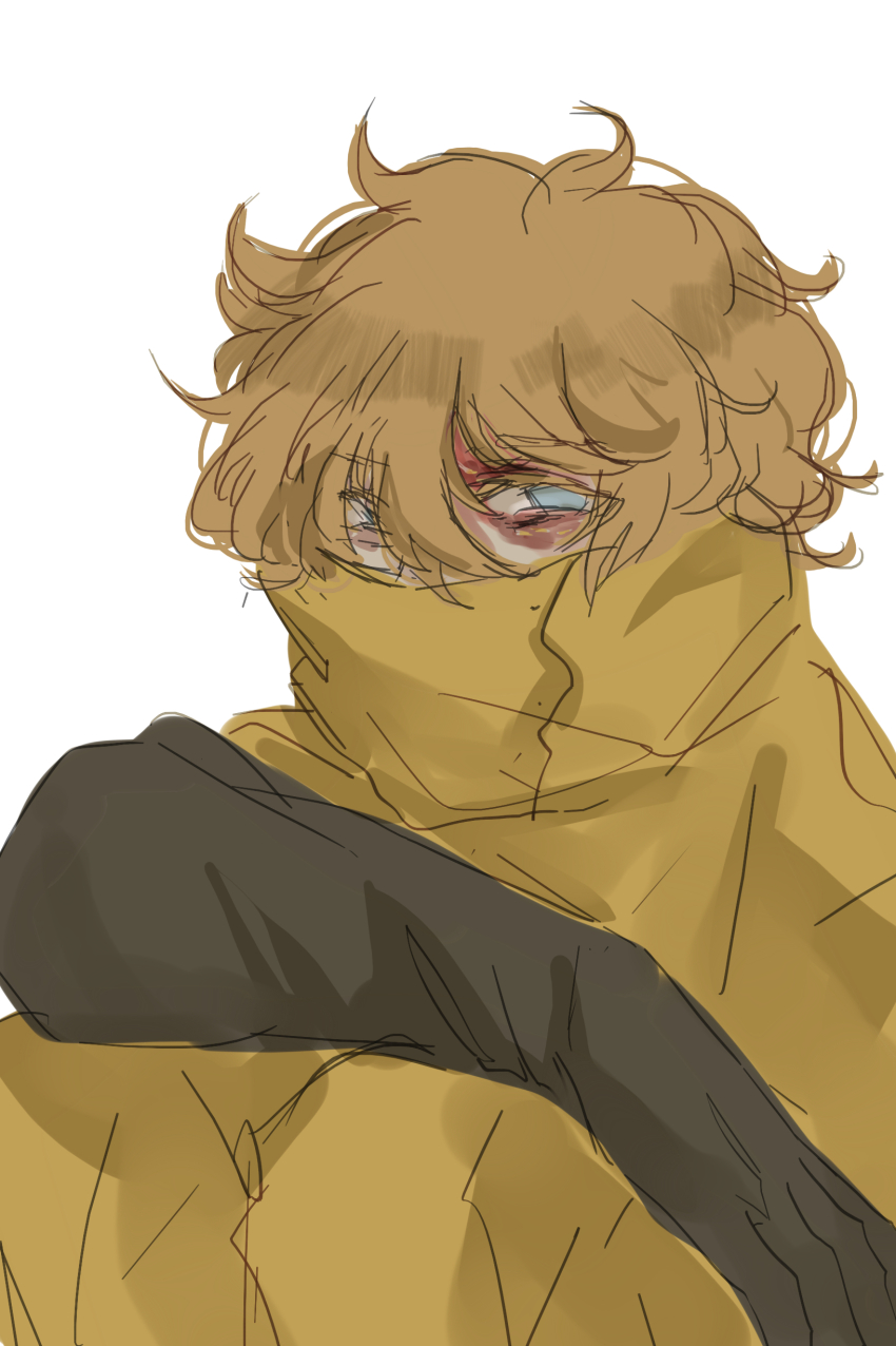 1boy, absurdres, bennett_(hello_charlotte), blonde_hair, blue_eyes, brown_gloves, covered_mouth, elbow_gloves, emily_chang_18294, gloves, hazmat_suit, hello_charlotte, highres, looking_at_viewer, male_focus, orange_background, scar, scar_on_face, short_hair, sketch, solo, white_background