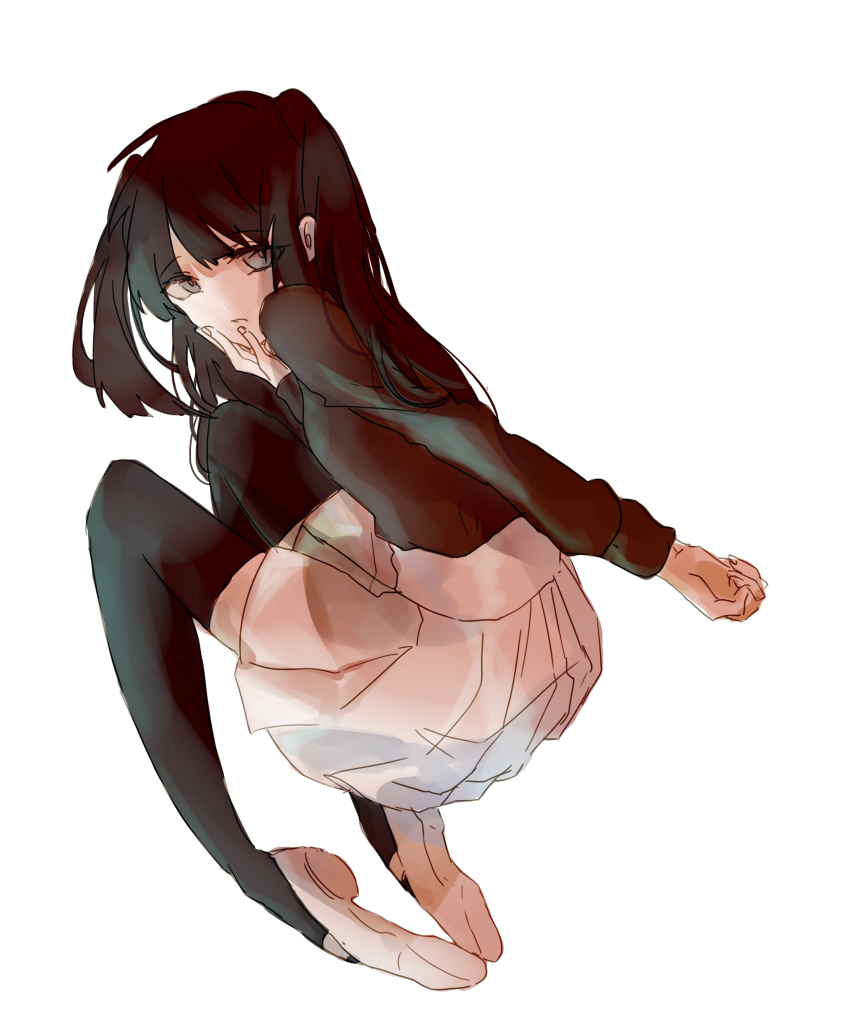 1girl, absurdres, black_hair, black_shirt, black_thighhighs, emily_chang_18294, full_body, grey_background