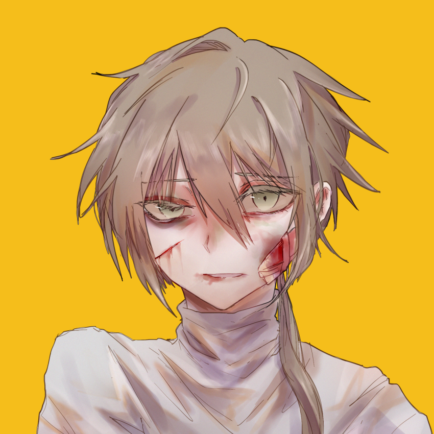 1boy, bandaid, bandaid_on_cheek, bandaid_on_face, blood, blood_on_face, bruise, bruise_on_face