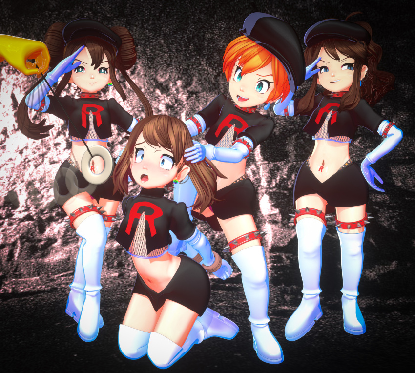 4girls, :d, absurdres, asymmetrical_hair, banchouforte, baseball_cap, blue_eyes, breasts