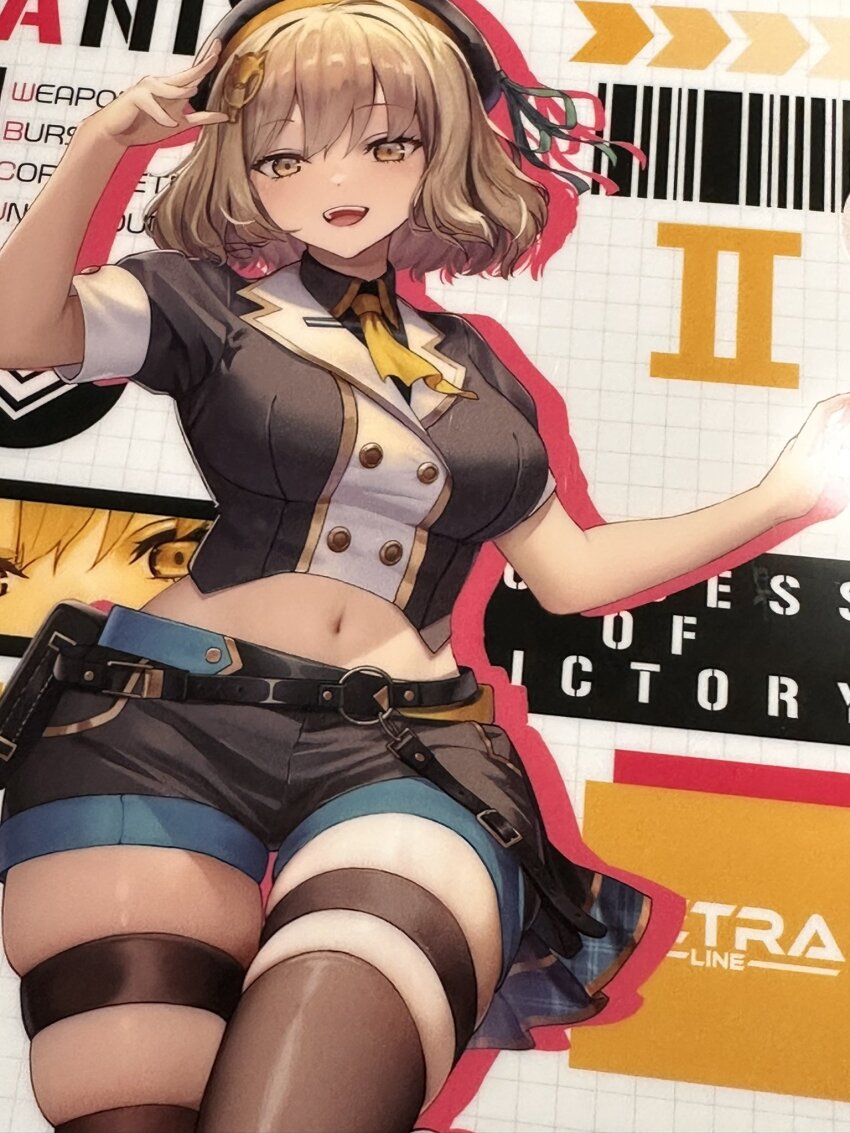 1girl, anis_(nikke), belt, beret, black_hat, black_shirt, black_shorts, black_thighhighs, breasts, cat_hair_ornament, copyright_name, english_text, goddess_of_victory:_nikke, gouta_(nagishiro6624), grid_background, hair_ornament, hat, hat_ribbon, highres, large_breasts, light_brown_hair, looking_at_viewer, navel, o-ring, o-ring_belt, pouch, puffy_short_sleeves, puffy_sleeves, ribbon, shirt, short_hair, short_shorts, short_sleeves, shorts, skindentation, smile, solo, teeth, thigh_gap, thigh_strap, thighhighs, thighs, upper_teeth_only
