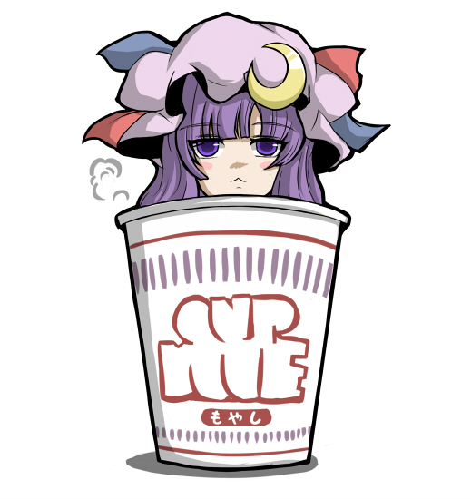 1girl, :<, crescent, crescent_moon, cup, female_focus, hat, in_container