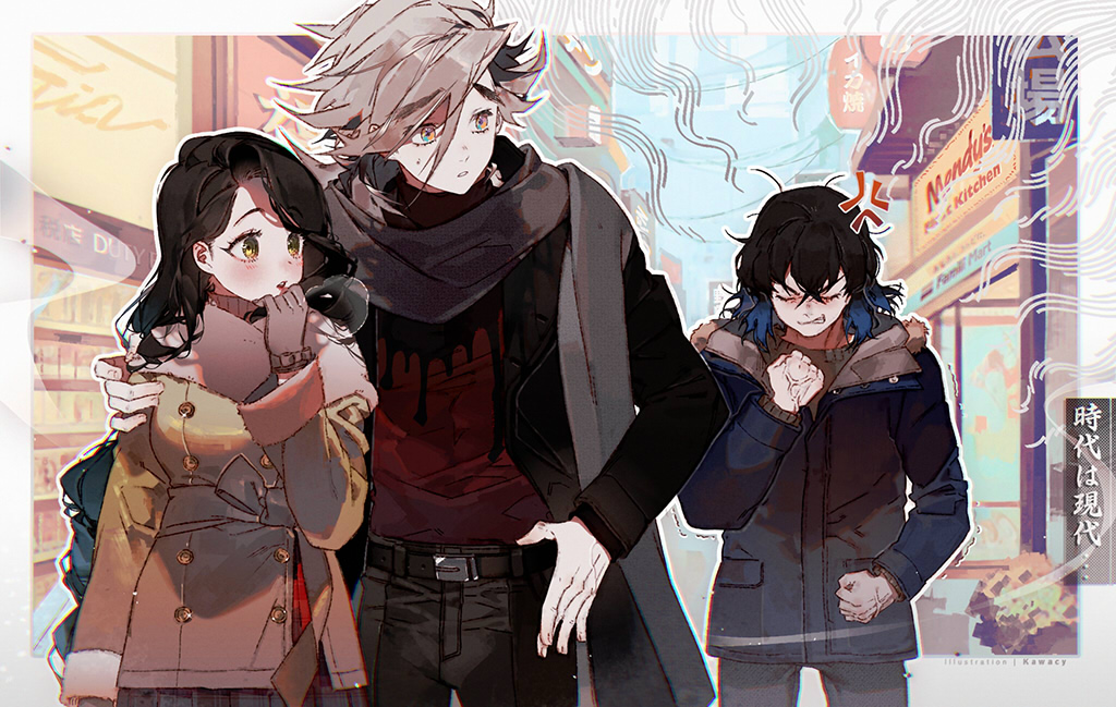 anger_vein, artist_name, belt, black_coat, black_hair, black_pants, black_scarf, blue_eyes