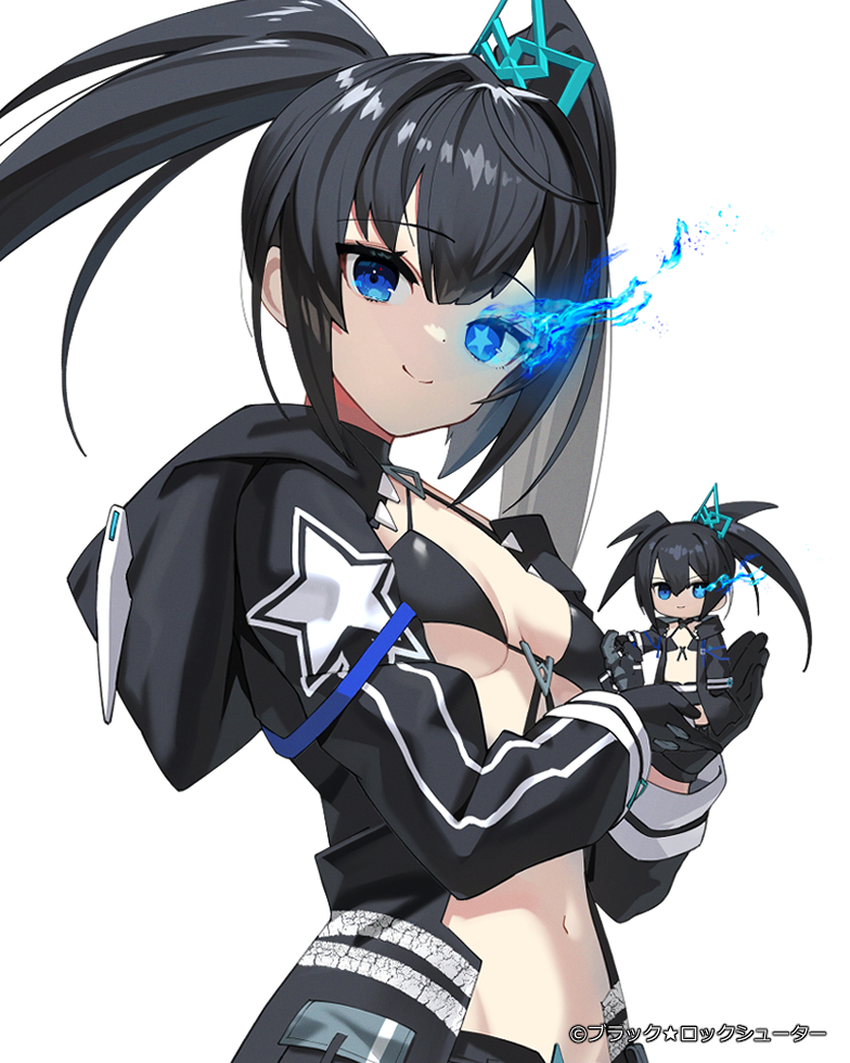 1girl, bikini, black_bikini, black_jacket, black_rock_shooter, black_rock_shooter_(character), black_rock_shooter_fragment, blue_eyes